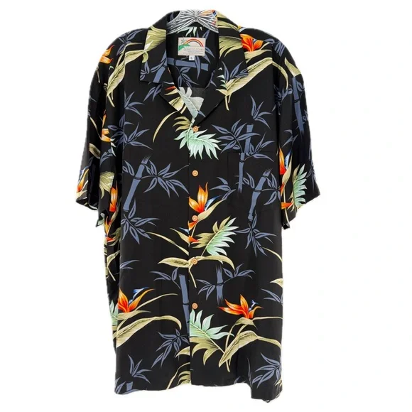 Paradise Found Hawaii Bamboo Paradise Black Hawaiian Shirt Men's Size Large - Picture 8 of 14